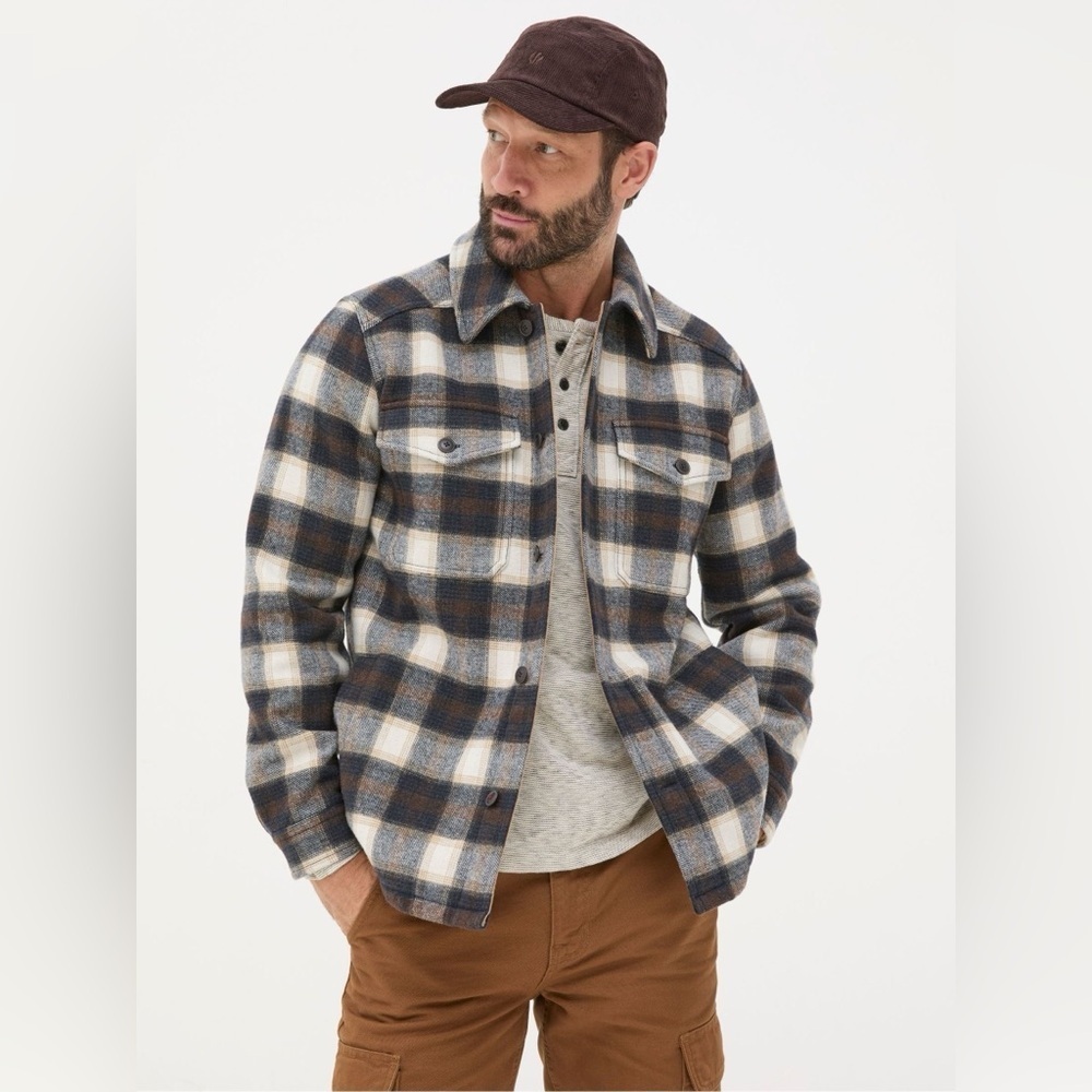 Fat Face Milton Dark‎ Brown Check Overshirt Men’s Plaid Jacket Wool Navy Blue